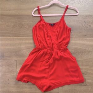Express Lightweight Red V-Neck Flouncy Romper with Pockets